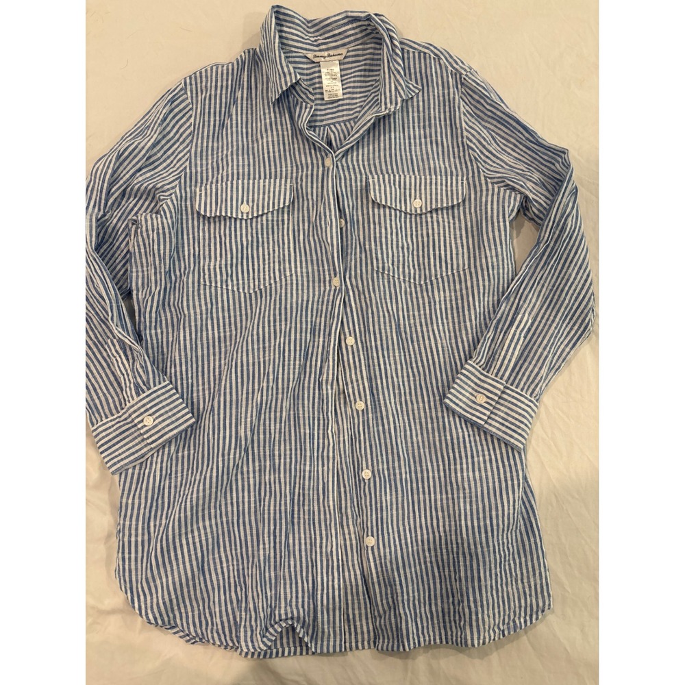 Tommy Bahama Womens Blue White Striped Cotton Button Down Shirt Tunic SS500609 S